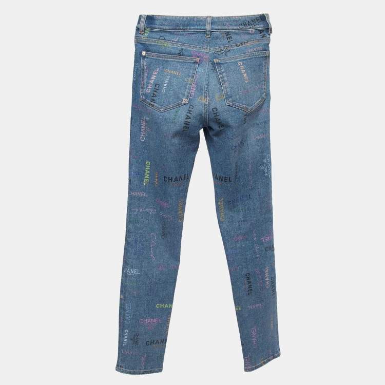 Pre Owned Chanel Blue All-Over Print Denim Stretch Jeans S Waist 24"