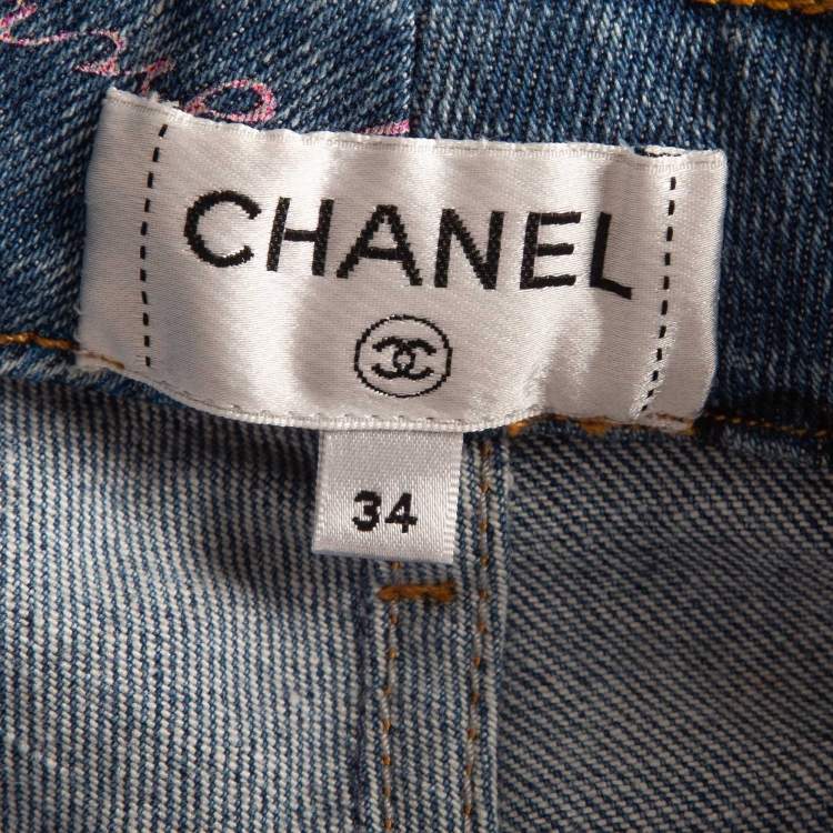 Pre Owned Chanel Blue All-Over Print Denim Stretch Jeans S Waist 24"