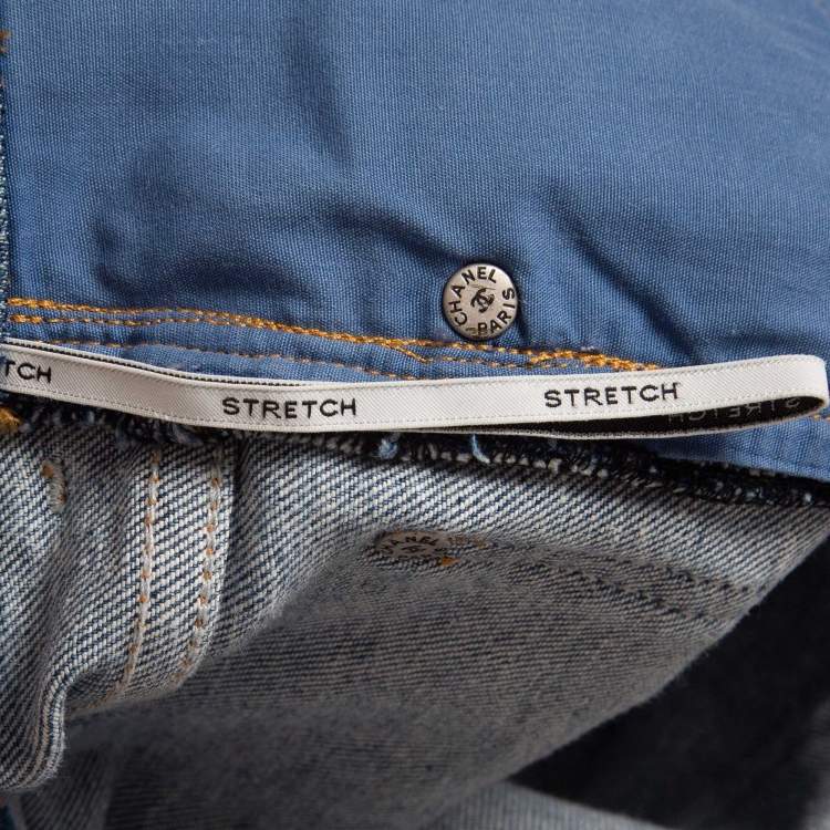 Pre Owned Chanel Blue All-Over Print Denim Stretch Jeans S Waist 24"