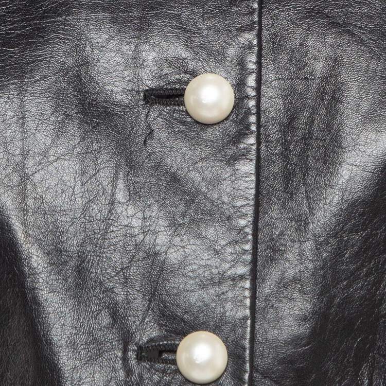 Pre Owned Chanel Black Leather Pearl Button Detail Cropped Jacket M
