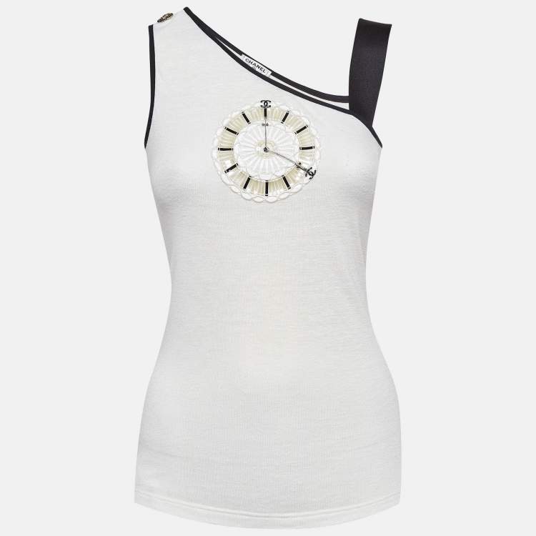 Pre Owned Chanel White Clock Embroidered Knit Tank Top S