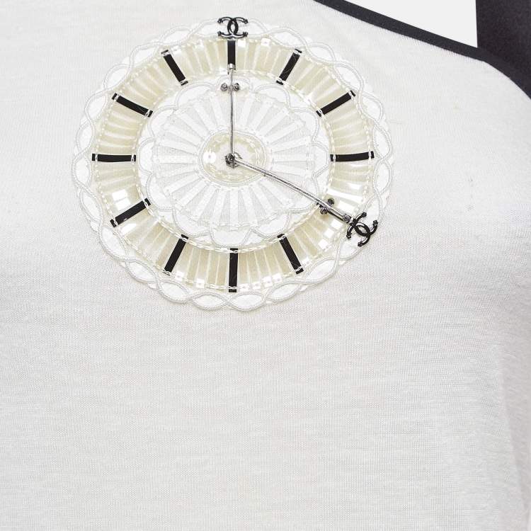 Pre Owned Chanel White Clock Embroidered Knit Tank Top S