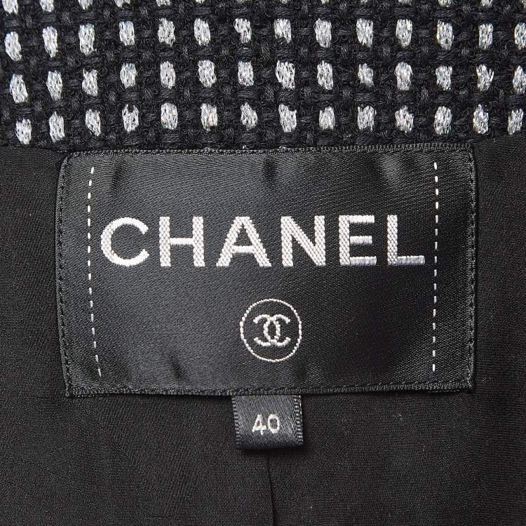 Pre Owned Chanel Black and Metallic Silver Tweed Coat M