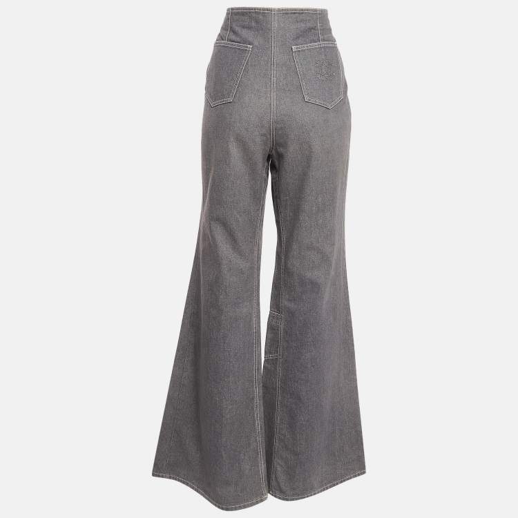 Pre Owned Chanel Grey CC Embellished Denim Flared Jeans L Waist 32"