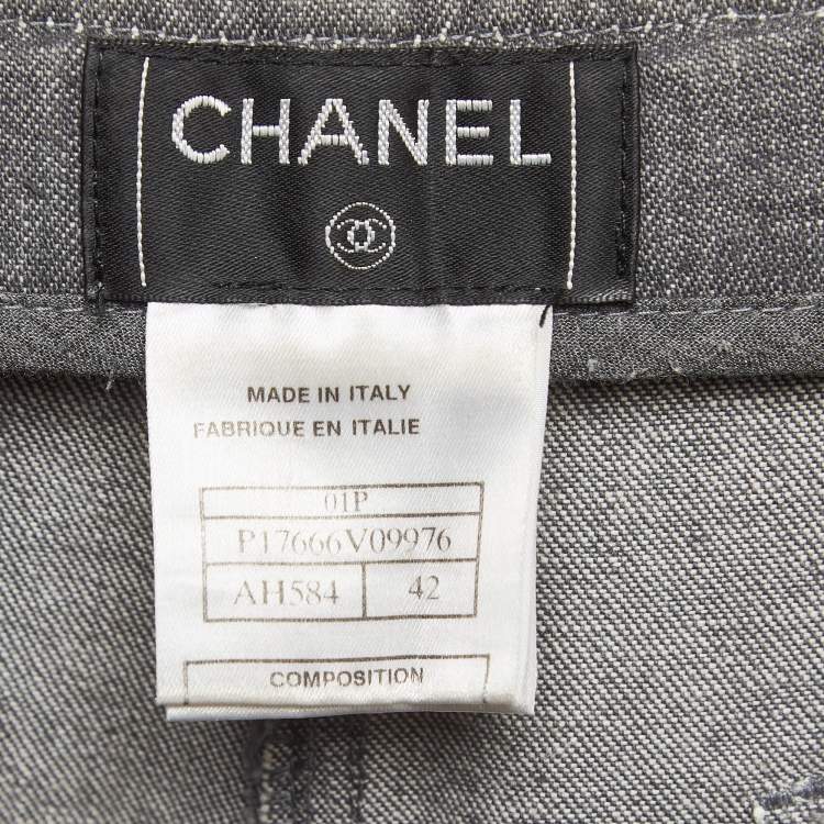 Pre Owned Chanel Grey CC Embellished Denim Flared Jeans L Waist 32"