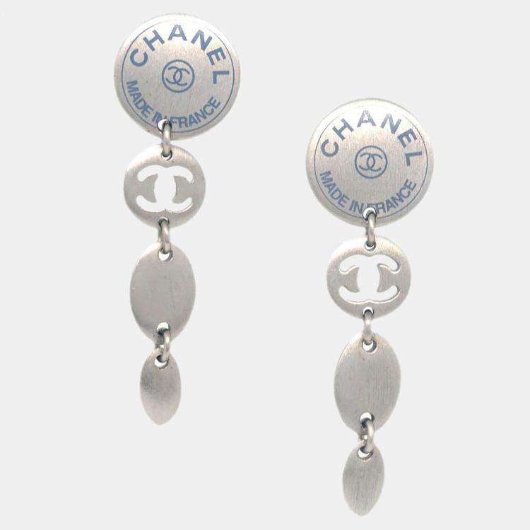 Pre Owned Chanel Button Silver Dangle Piercing Earrings