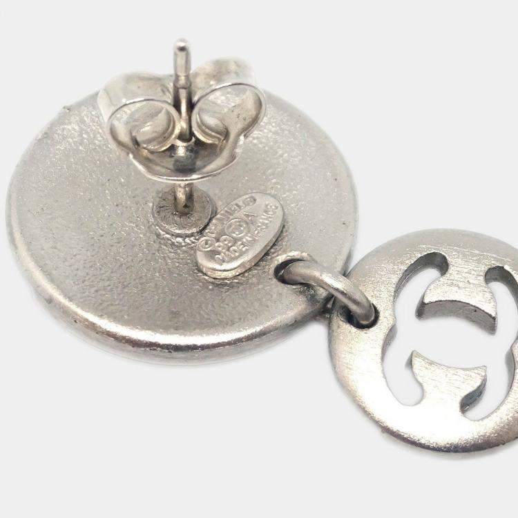 Pre Owned Chanel Button Silver Dangle Piercing Earrings