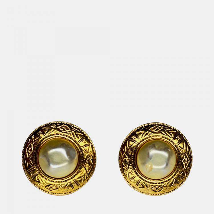 Pre Owned Chanel Vintage Aztec Design and Pearl Clip On Earrings
