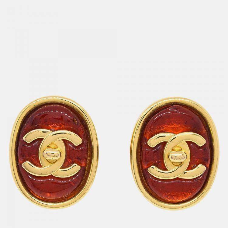 Pre Owned Chanel Gripoix Oval Red Turnlock Earrings