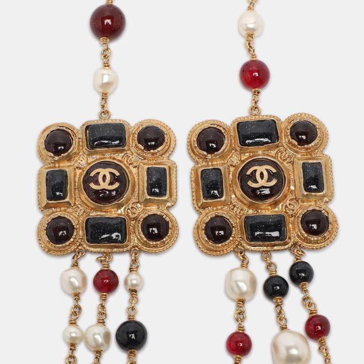 Pre Owned Chanel Multicolor Gold Tone Hardware, Faux Pearl and Enamel CC Gripoix Station Necklace