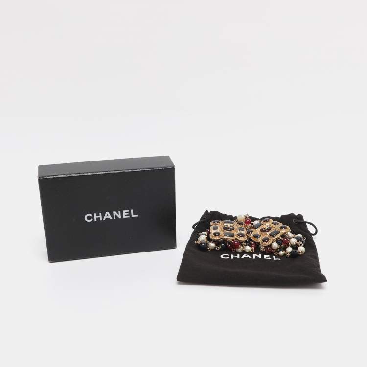 Pre Owned Chanel Multicolor Gold Tone Hardware, Faux Pearl and Enamel CC Gripoix Station Necklace