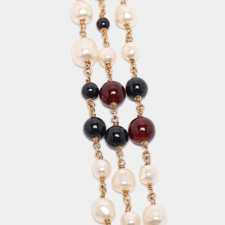 Pre Owned Chanel Multicolor Gold Tone Hardware, Faux Pearl and Enamel CC Gripoix Station Necklace