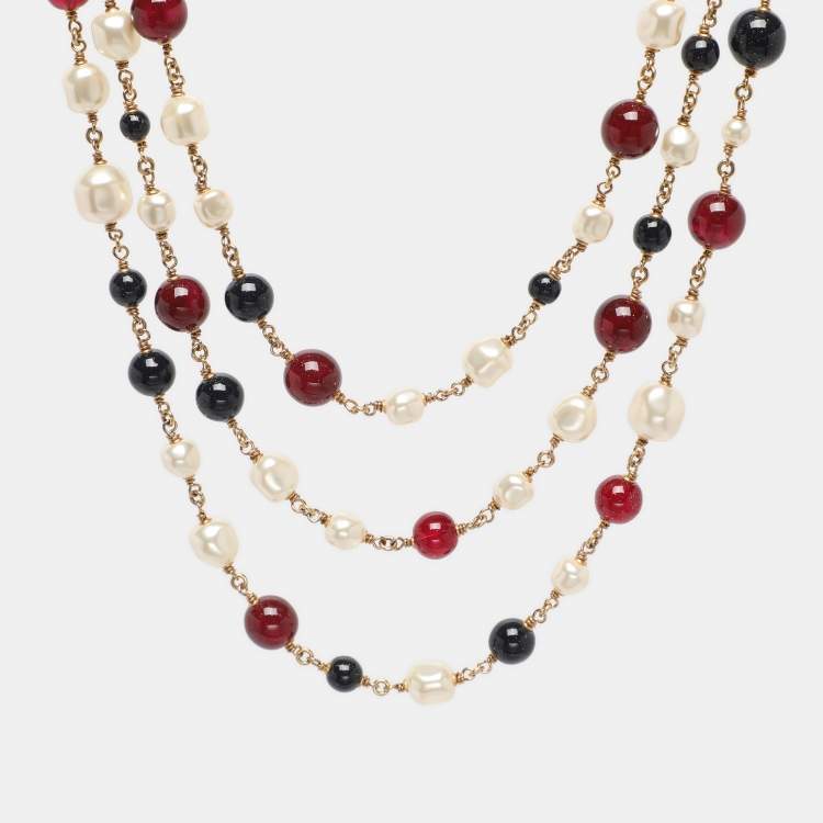 Pre Owned Chanel Multicolor Gold Tone Hardware, Faux Pearl and Enamel CC Gripoix Station Necklace