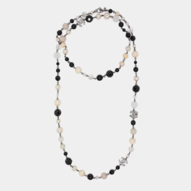 Pre Owned Chanel Multicolor Gun Metal Tone, Faux Pearl and Crystal CC Long Station Necklace