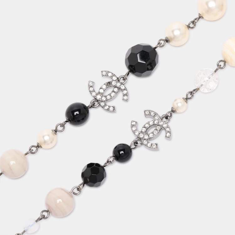 Pre Owned Chanel Multicolor Gun Metal Tone, Faux Pearl and Crystal CC Long Station Necklace