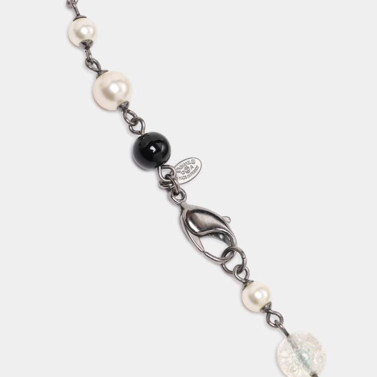 Pre Owned Chanel Multicolor Gun Metal Tone, Faux Pearl and Crystal CC Long Station Necklace
