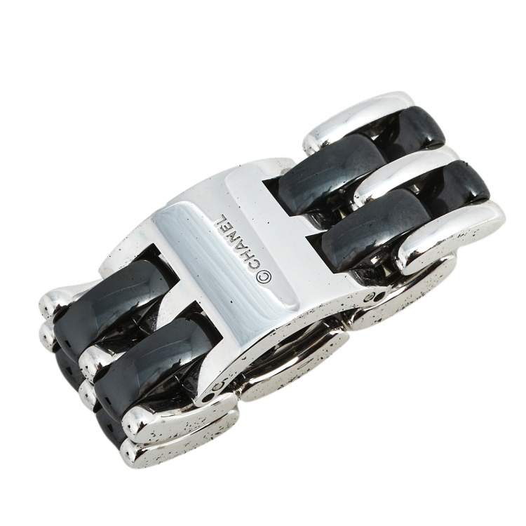 Pre Owned Chanel Ultra Black Ceramic 18K White Gold Ring Size 56