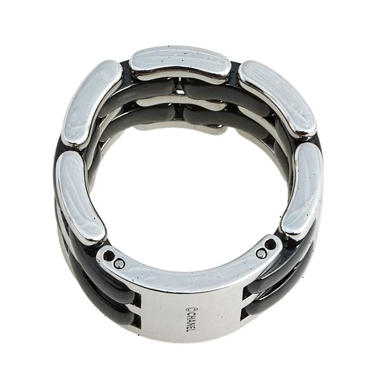 Pre Owned Chanel Ultra Black Ceramic 18K White Gold Ring Size 56
