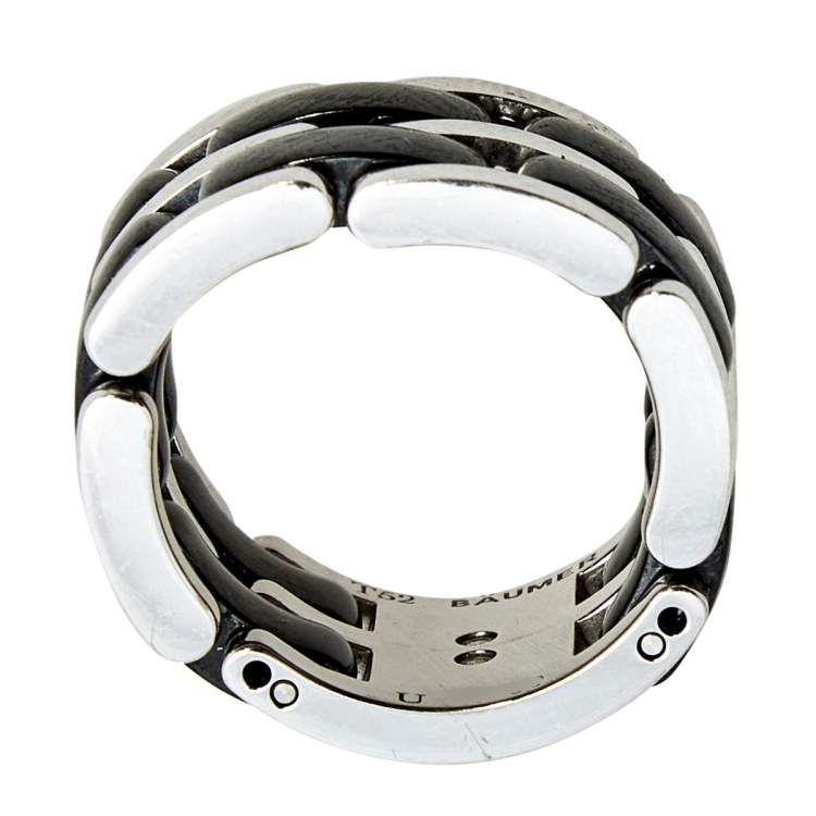 Pre Owned Chanel Ultra Black Ceramic 18k White Gold Band Ring Size 53