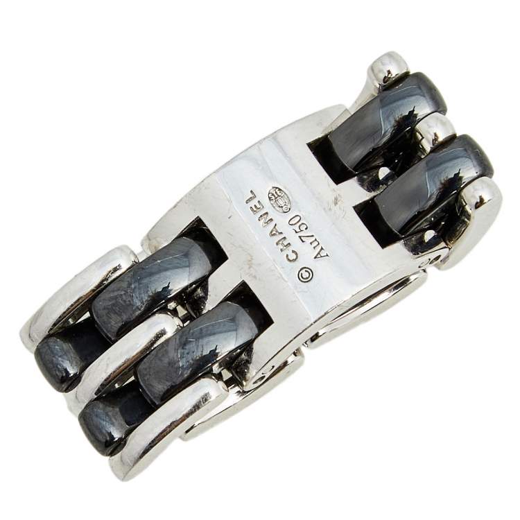 Pre Owned Chanel Ultra Black Ceramic 18k White Gold Band Ring Size 53