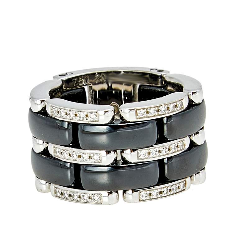 Pre Owned Chanel Ultra Diamond Black Ceramic 18k White Gold Band Ring Size 50