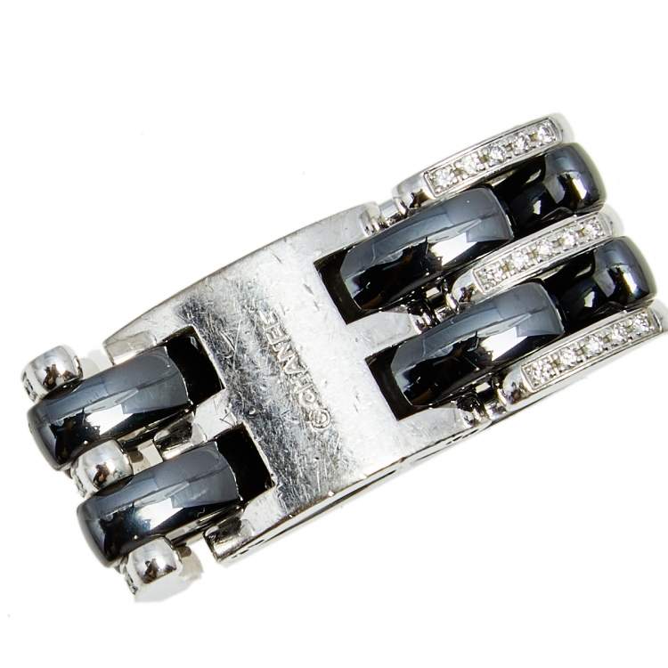 Pre Owned Chanel Ultra Diamond Black Ceramic 18k White Gold Band Ring Size 50