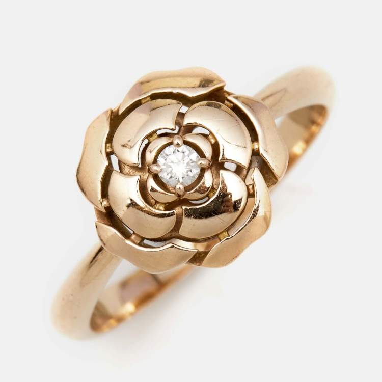 Pre Owned Chanel Extrait de Camellia Diamond 18k Rose Gold Ring Size 52