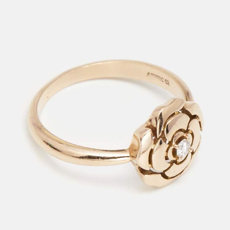 Pre Owned Chanel Extrait de Camellia Diamond 18k Rose Gold Ring Size 52