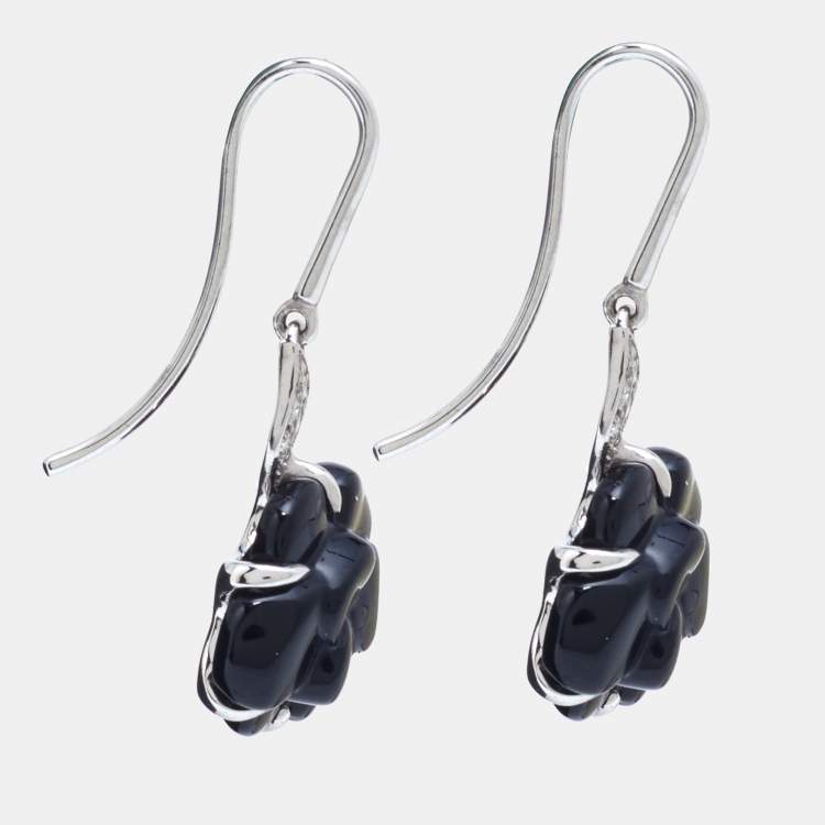 Pre Owned Chanel Camelia Sculpte Onyx Diamond 18k White Gold Hook Earrings