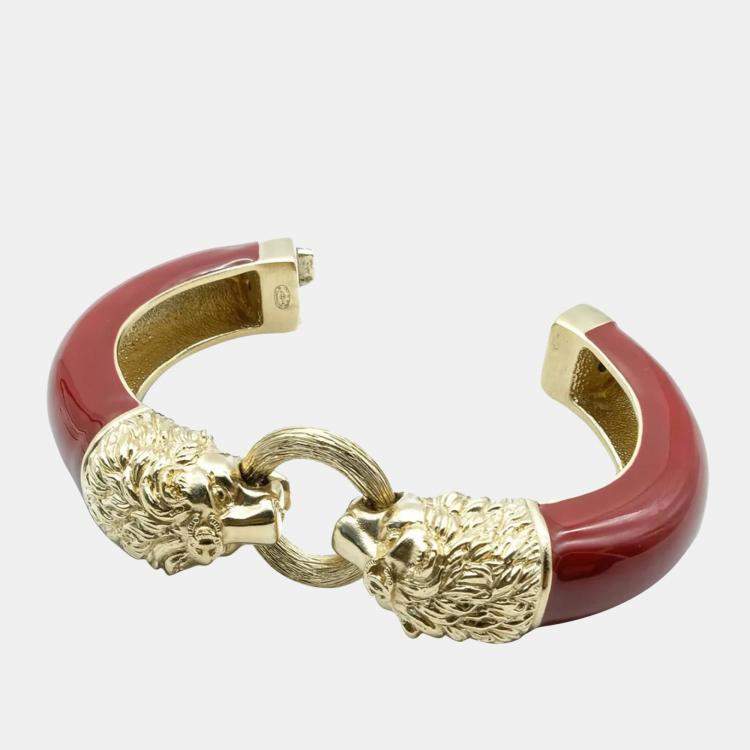 Pre Owned Chanel Burgundy Leo Lion Enamel Gold Metal Cuff Bracelet 16