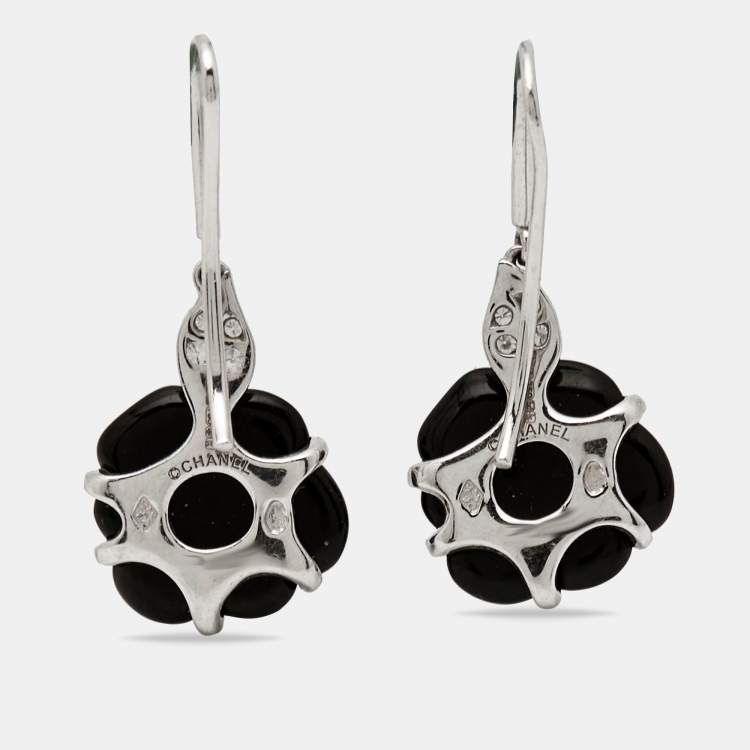 Pre Owned Chanel Camelia Onyx Diamond 18k White Gold Drop Earrings 