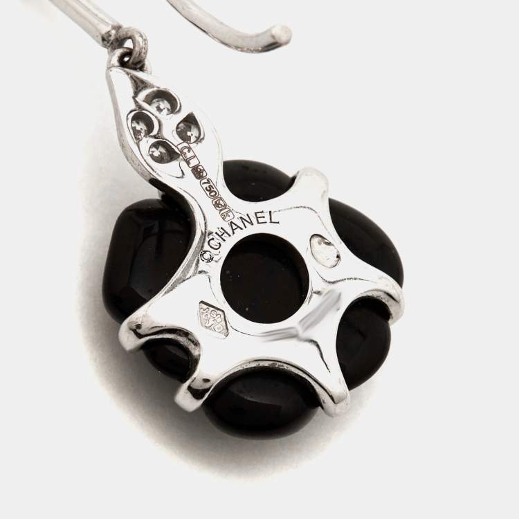 Pre Owned Chanel Camelia Onyx Diamond 18k White Gold Drop Earrings 