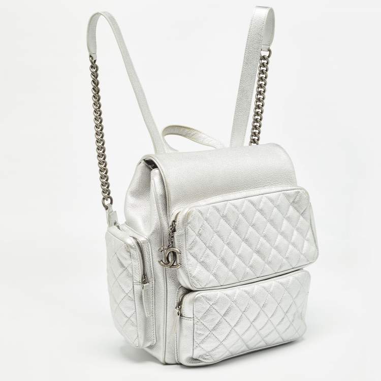 Pre Owned Chanel Silver Quilted Leather Casual Rock Airline Backpack