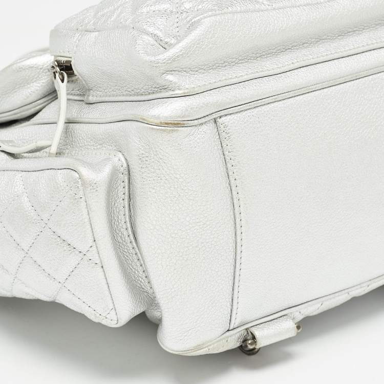 Pre Owned Chanel Silver Quilted Leather Casual Rock Airline Backpack