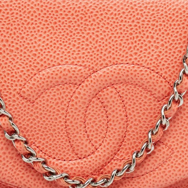 Pre Owned Chanel Orange Caviar Leather Half Moon Wallet On Chain