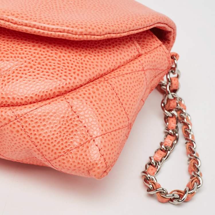 Pre Owned Chanel Orange Caviar Leather Half Moon Wallet On Chain