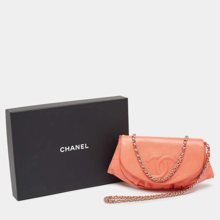 Pre Owned Chanel Orange Caviar Leather Half Moon Wallet On Chain