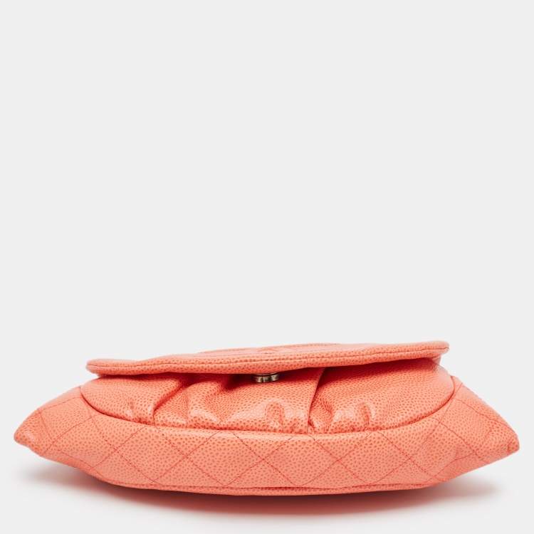 Pre Owned Chanel Orange Caviar Leather Half Moon Wallet On Chain