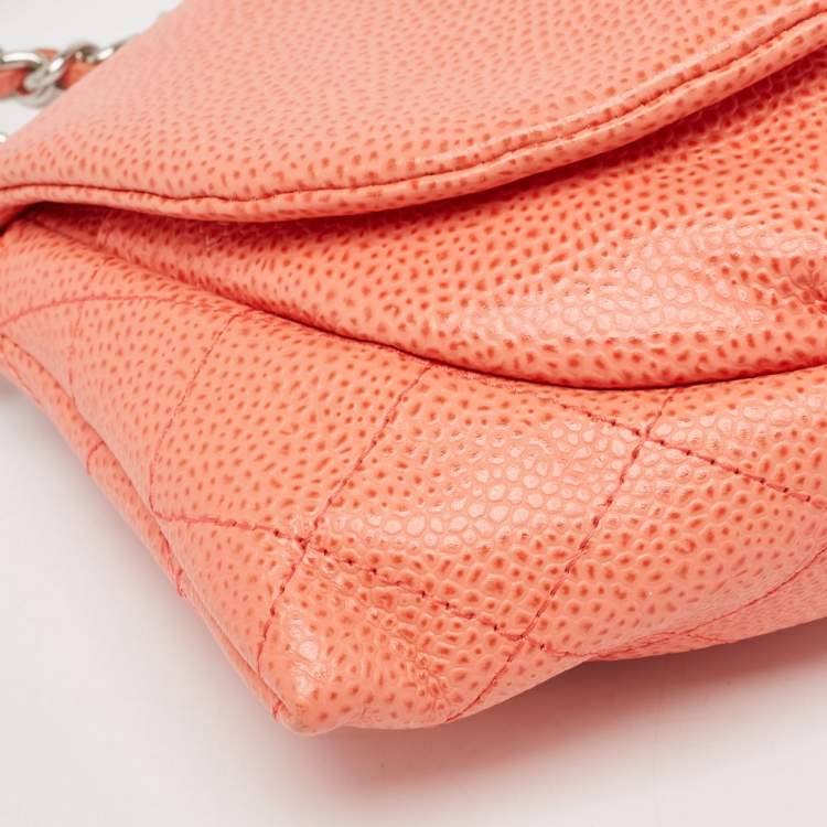 Pre Owned Chanel Orange Caviar Leather Half Moon Wallet On Chain
