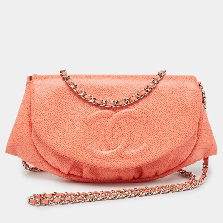 Pre Owned Chanel Orange Caviar Leather Half Moon Wallet On Chain