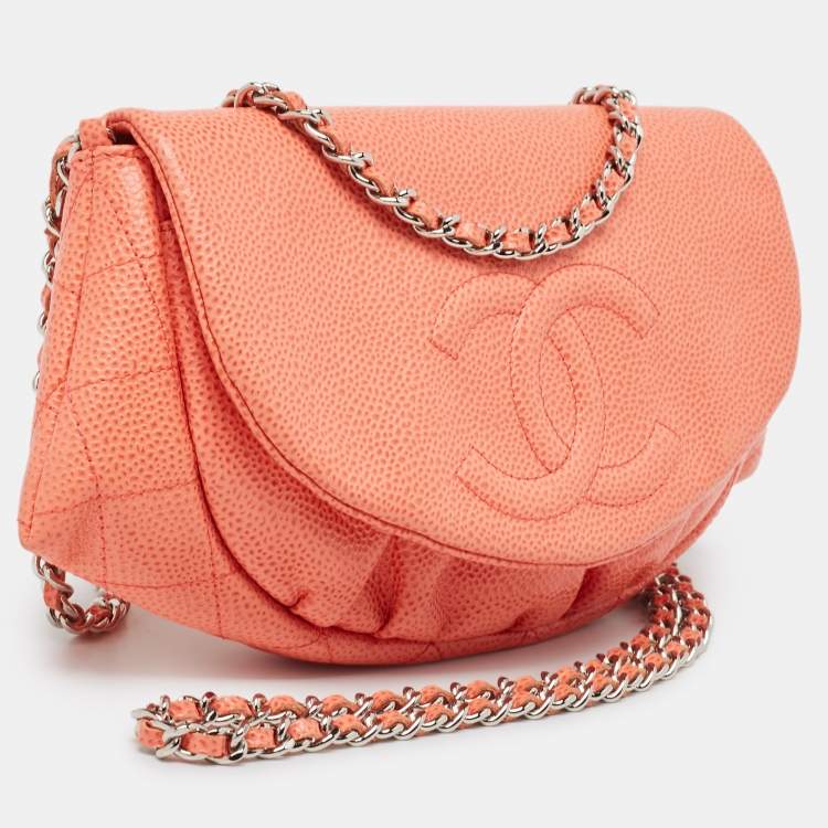 Pre Owned Chanel Orange Caviar Leather Half Moon Wallet On Chain