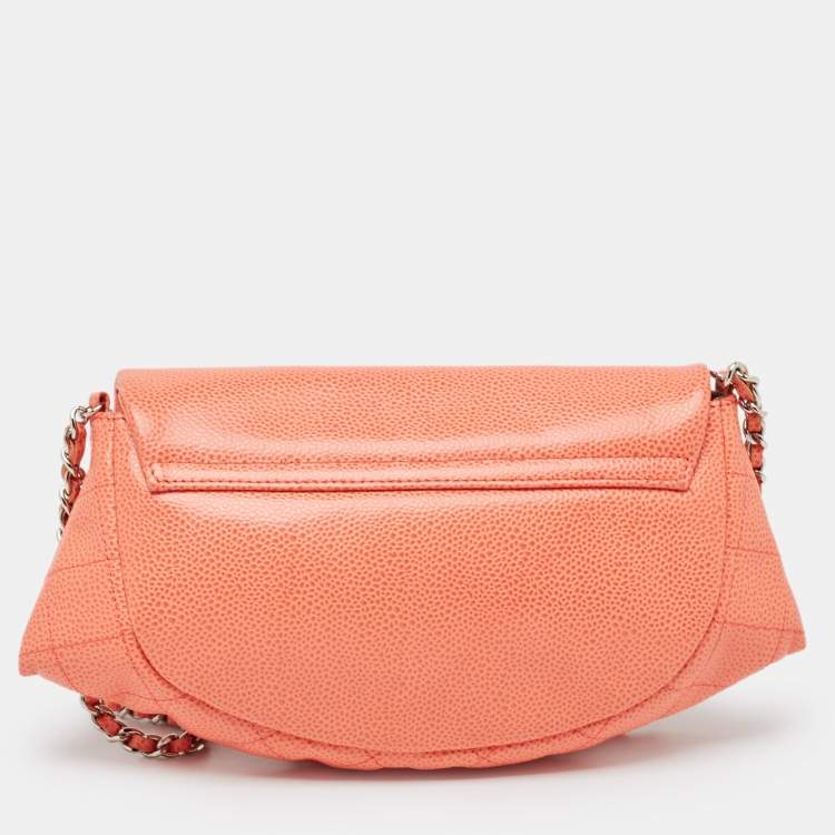 Pre Owned Chanel Orange Caviar Leather Half Moon Wallet On Chain
