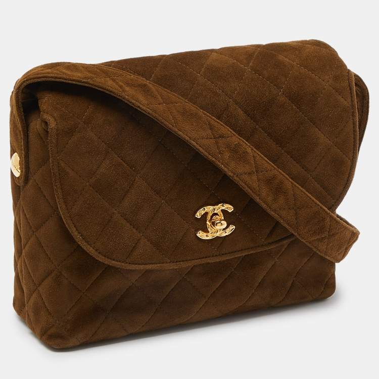 Pre Owned Chanel Brown Quilted Suede Vintage CC Round Flap Bag