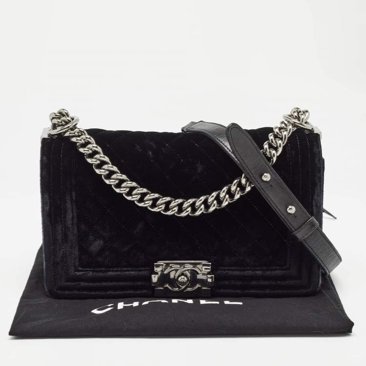 Pre Owned Chanel Black Quilted Velvet Medium Boy Flap Bag