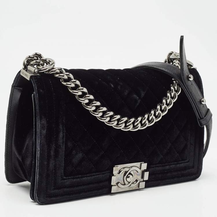 Pre Owned Chanel Black Quilted Velvet Medium Boy Flap Bag