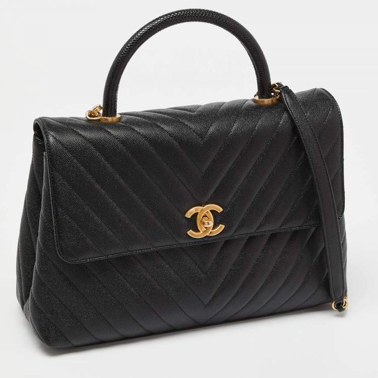 Pre Owned Chanel Black Chevron Caviar Leather and Lizard Medium Coco Top Handle Bag