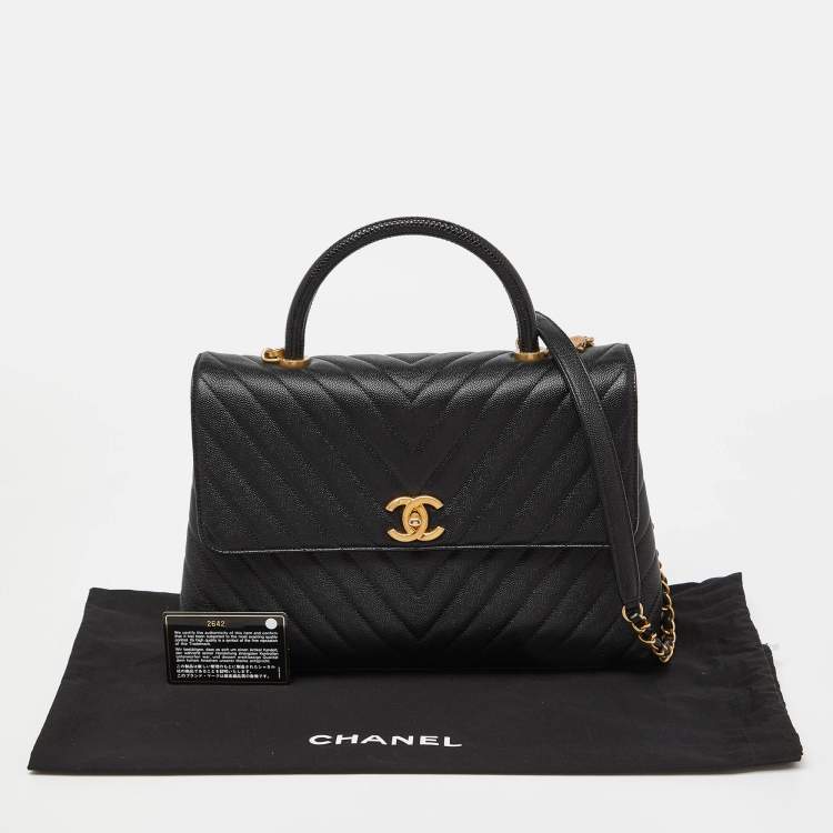 Pre Owned Chanel Black Chevron Caviar Leather and Lizard Medium Coco Top Handle Bag