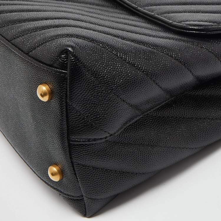 Pre Owned Chanel Black Chevron Caviar Leather and Lizard Medium Coco Top Handle Bag