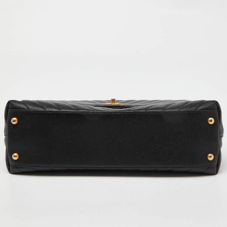 Pre Owned Chanel Black Chevron Caviar Leather and Lizard Medium Coco Top Handle Bag