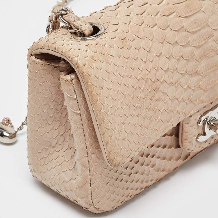 Pre Owned Chanel Beige Python New Mini Charm Classic Flap Bag